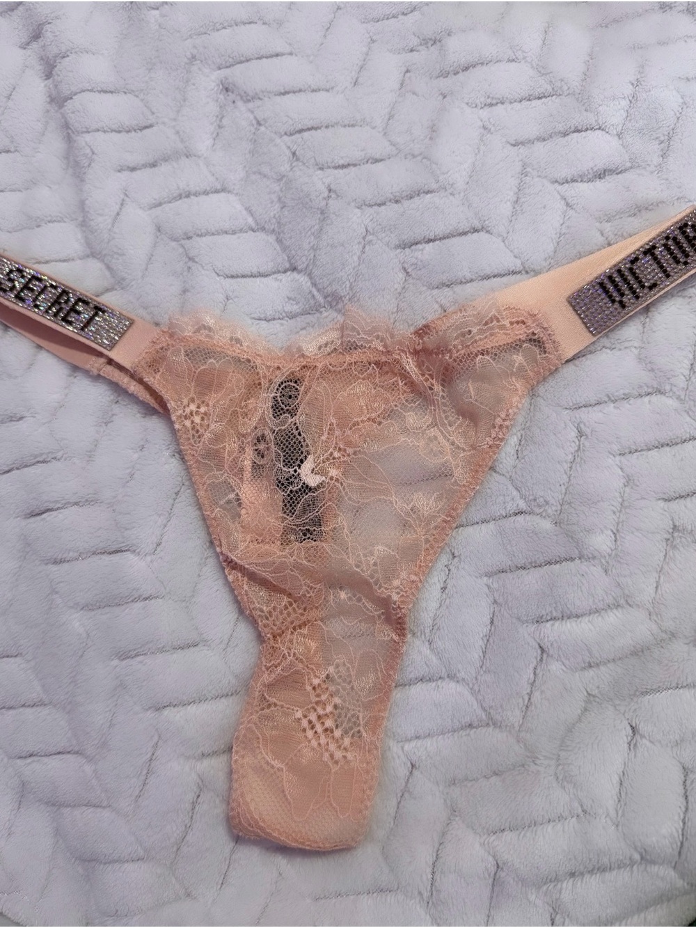 Victoria's Secret Lace Thong Panty in Nude Pink with Embellished Waistband